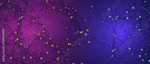 Abstract futuristic network background with connected lines and glowing nodes on purple and blue gradient