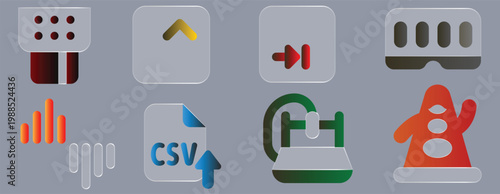 Glassmorphic Icons: Urban city buildings with transportation and traffic elements