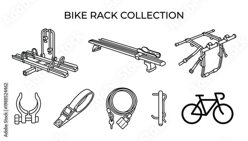Collection of bike racks and accessories in line art on transparent background