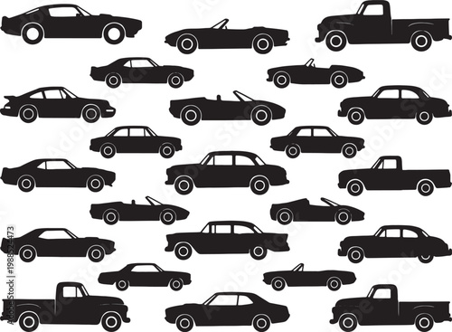 Collection of diverse vintage and classic automobiles silhouetted against a clean white background