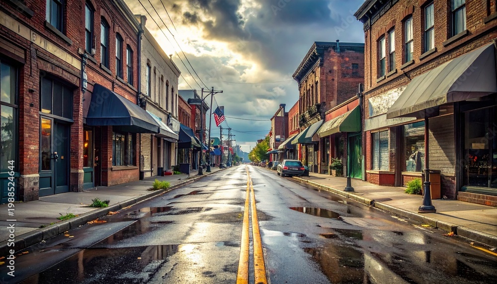 Fototapeta premium A rainy day view of a deserted city street lined with old brick buildings and awnings under a cloudy sky with wet pavement reflecting the gloomy atmosphere.
