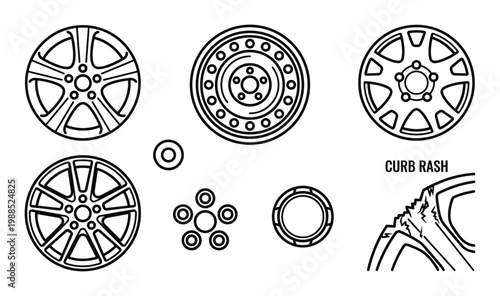 Linear car wheel rim icons and alloy disc outline symbols collection on transparent backdrop vector