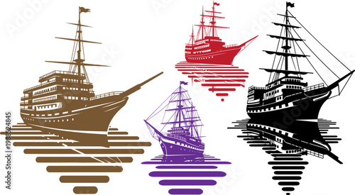 Vintage sailing ship silhouettes with water reflections, set of 4 nautical vessel vectors, antique tall ship illustrations for maritime design