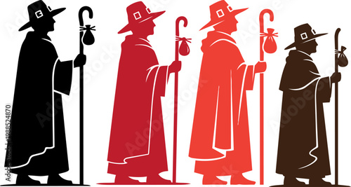 Medieval pilgrim silhouettes with walking staff, religious wanderer in cloak and hat, set of 4 traveler vector icons for historical storytelling