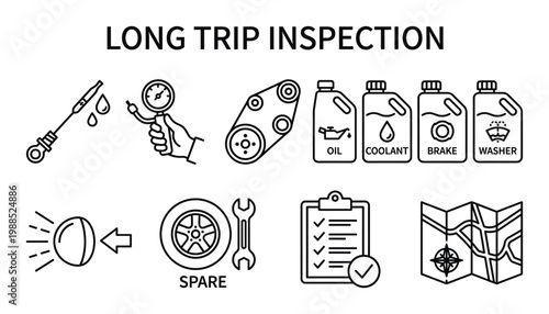 Long trip inspection outline icons for car maintenance and preparation vector illustration