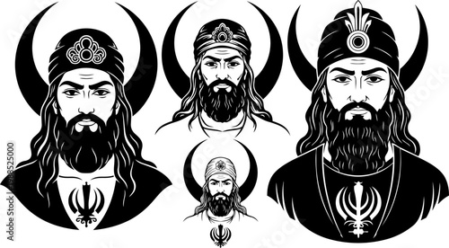 Sikh warrior portraits with Khanda symbol and crescent moon, traditional Punjabi men with turbans and beards, black and white vector illustration set