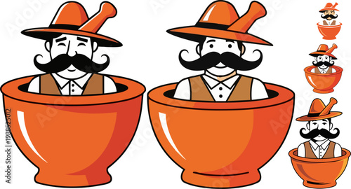 Vintage pharmacist mascot logo vector, apothecary man with mustache in mortar and pestle, traditional chemist character for pharmacy branding