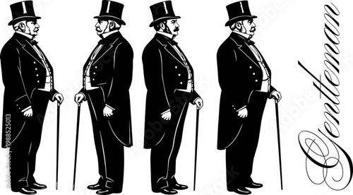 Vintage Victorian gentleman illustration set, retro man in tuxedo and top hat with walking cane, antique black and white engraving style vector