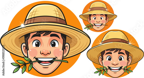 Cheerful farmer cartoon character avatar, smiling gardener wearing straw hat with leaf in mouth, organic farming mascot vector illustration set