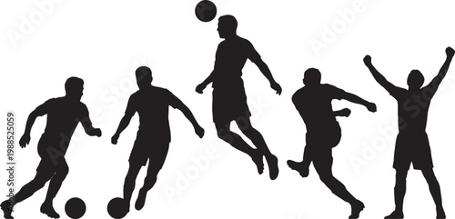 Collection of dynamic black silhouettes of soccer players in action isolated on transparent background