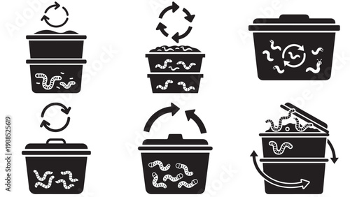 Compost bin recycling icons showing organic waste decomposition and earthworm processing in flat vector style