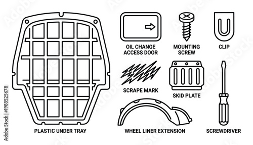 Outline automotive repair vector collection with underbody and fasteners