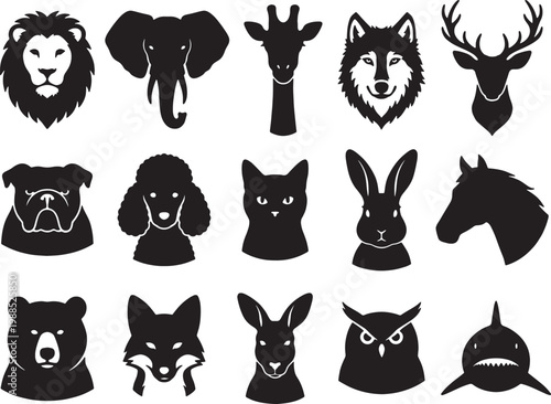 Collection of fifteen different animal head silhouettes in a clean graphic style