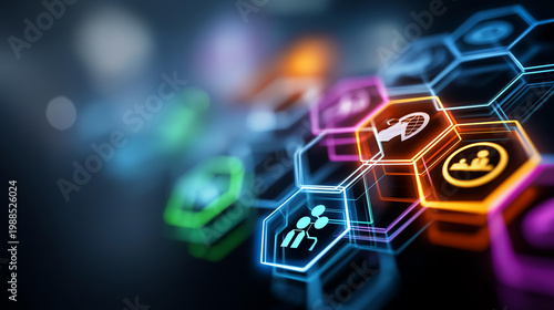 Futuristic neon interface showcasing AI ethics icons for human oversight, ethical standards, corporate policies, and regulatory compliance, AI governance concept, with copy space