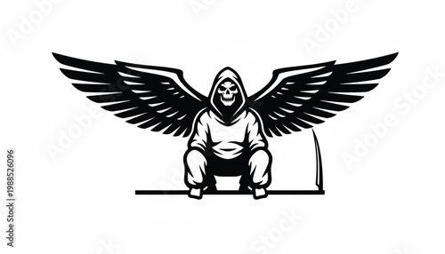 Skeleton grim reaper eagle mascot emblem with wings spread, black and white vector style for gaming and esports logos