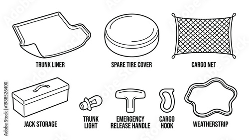 Outline vector set of car trunk accessories includes cargo net, trunk liner, and spare tire cover