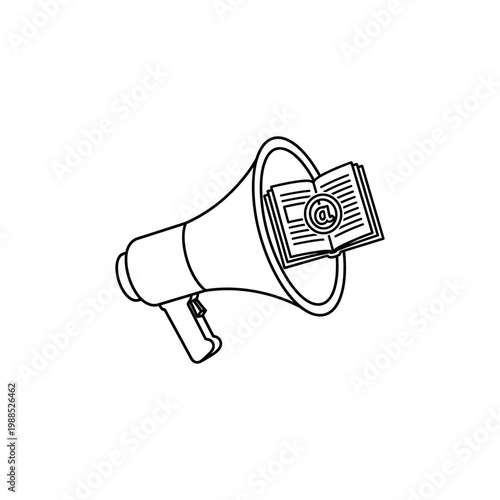 A black and white illustration of a megaphone with an email symbol inside