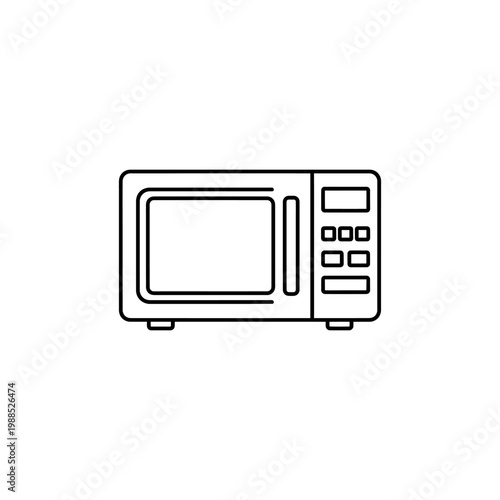 A simple line drawing of a microwave oven on a white background
