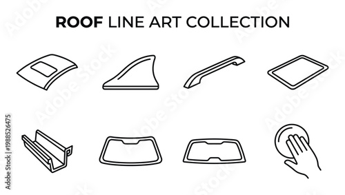 Roof line art collection, including car sunroof, shark fin antenna, and roof rail designs