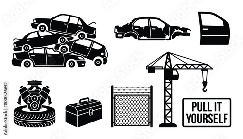 Scrap yard car parts salvage auto wrecking repair service vector black illustration icon set