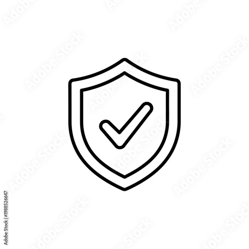 A simple black line drawing of a shield with a checkmark inside on a white background