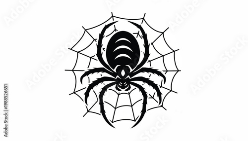 Spider emblem on web with stylized eyes and bold black line art for gaming and tattoo designs featuring logo, mascot, vector style with monochrome