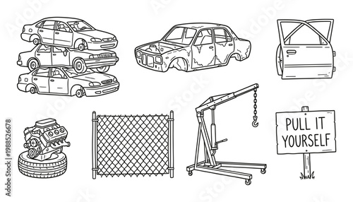 Scrap yard car parts salvage auto wrecking repair service line art vector illustration icon set