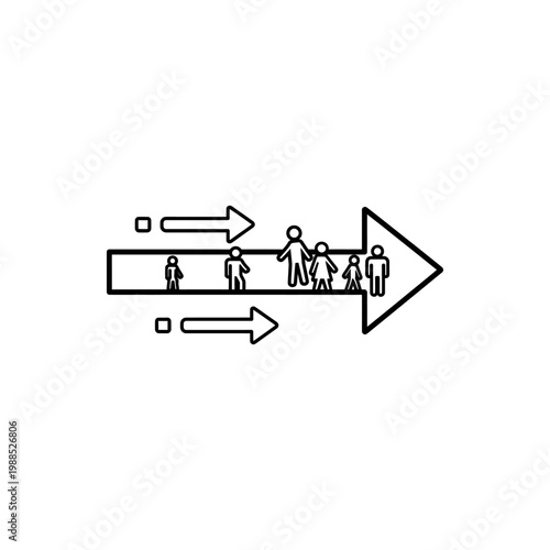 A simple black and white illustration of people moving in different directions