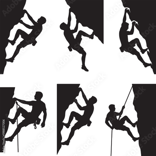 Collection of Six Silhouette Illustrations Depicting Rock Climbers Ascending Steep Cliffs