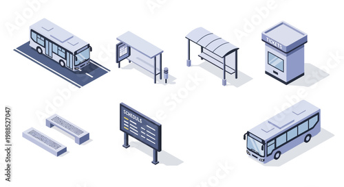 Isometric City Bus Transportation Icon Set with Bus Stop, Ticket Office, Digital Schedule Board, and Modern Public Transport Elements.