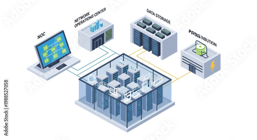 A diagram of a data center with various connected systems and infrastructure.