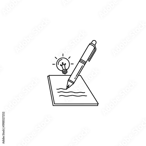 A creative person writing down ideas with a pen on paper and a lightbulb above