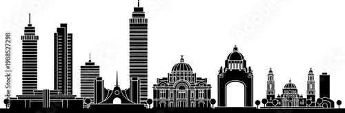 Minimalist black and white vector skyline of Mexico City, featuring modern buildings and historic landmarks, flat silhouette style, high contrast, clean lines 