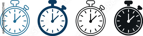 Stopwatch Icon Set Vector Illustration, Multi Style Collection Featuring Time Tracking, Countdown Timer, and Stopwatch Symbols for Productivity, Sports, and App UI Design