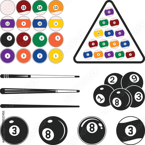 Pool Balls Set 1-15, Billiard 8 ball logo set. 6 billiard emblems with cue, Billiard balls on white background, pool balls svg, snooker balls Silhouette, Vector Illustration
