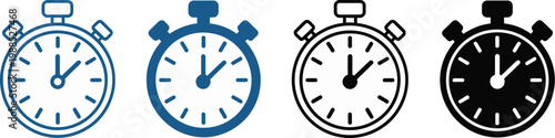 Stopwatch Icon Set Vector Illustration, Multi Style Collection Featuring Time Tracking, Countdown Timer, and Stopwatch Symbols for Productivity, Sports, and App UI Design