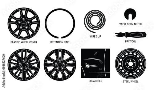 Set of black silhouettes of car wheel parts and repair tools on transparent background