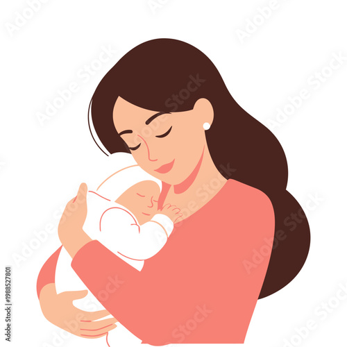 A tender and loving mother embraces her sleeping newborn baby, illustrating the beautiful bond of maternity, care, and new life