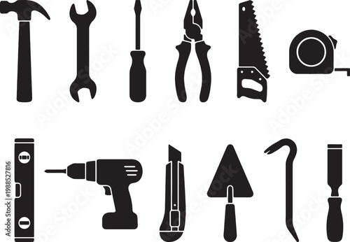 Collection of various black silhouette construction and DIY tools isolated on a white background for easy use
