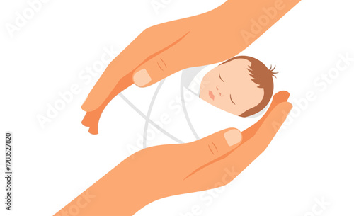 Gentle hands cradling a peacefully sleeping newborn baby, symbolizing nurturing protection, love, and the tender beginning of life and family care
