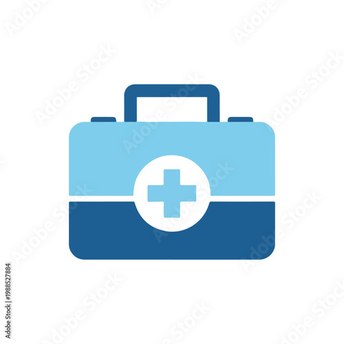 Fotografía This vector illustration features a blue two-toned medical first aid kit icon with a white cross symbol in a circle on its front side
