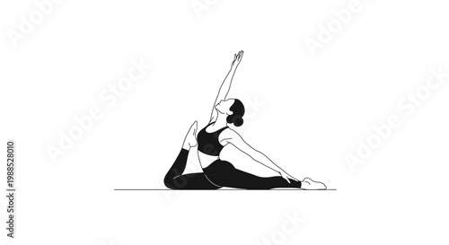 Elegant minimalist illustration of a woman performing a yoga pose, emphasizing flexibility and mindfulness on a white background.