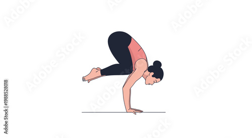 Woman performing Bakasana, Crow Pose, a challenging yoga balance pose, emphasizing strength and focus
