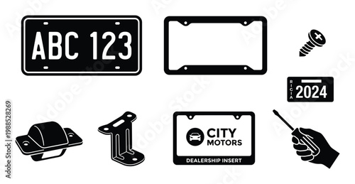 Set of license plate accessories includes license plate frame, screws, and dealership insert