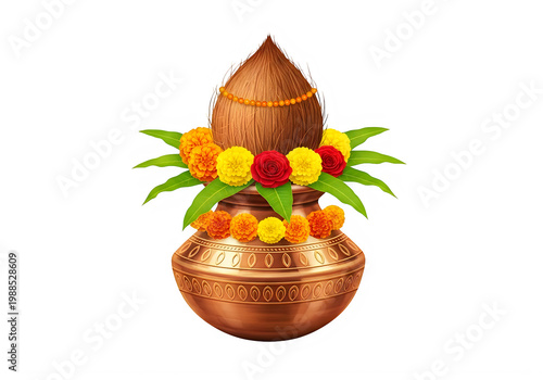 Decorated Kalash Pot with Coconut and Marigold Flowers, Religious Offering Symbol, isolated on transparent background