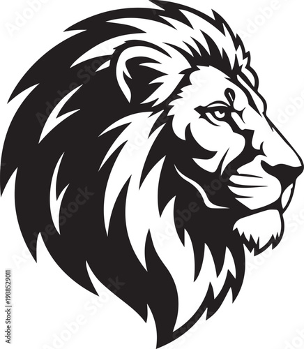 A Stylized Black And White Lion Head With A Regal Mane isolated on transparent background, Vector, illustration