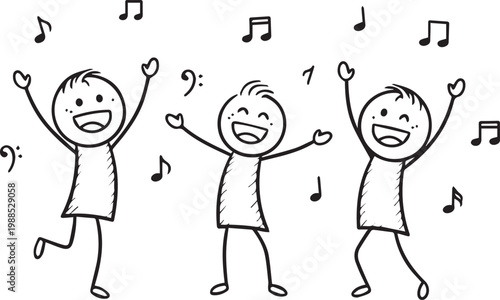 Three Stick Figures Dancing With Music Notes isolated on transparent background, Vector, illustration