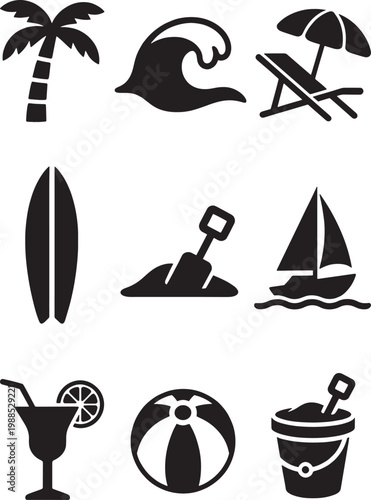 Summer Beach Silhouette Icons Set – Tropical Vacation Black Vector Collection