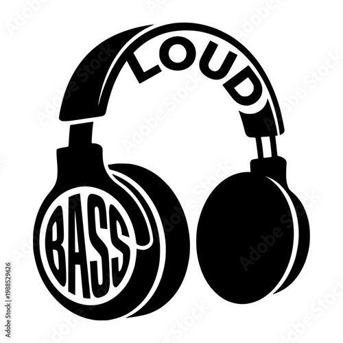 A pair of black headphones with bass and loud text