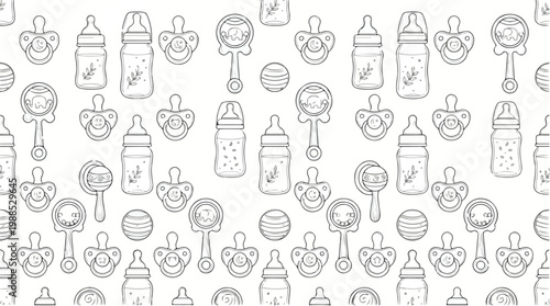 Seamless pattern of baby care items including feeding bottles, pacifiers, and rattles in a simple line art style